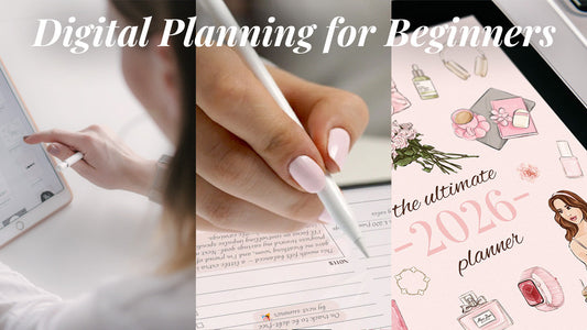 Collage showing digital planning on an iPad, writing with a stylus, and the Girls Got Goals 2026 Planner cover, representing digital planning for beginners.