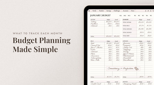 Digital budget planner showing monthly budgeting and expense tracking pages